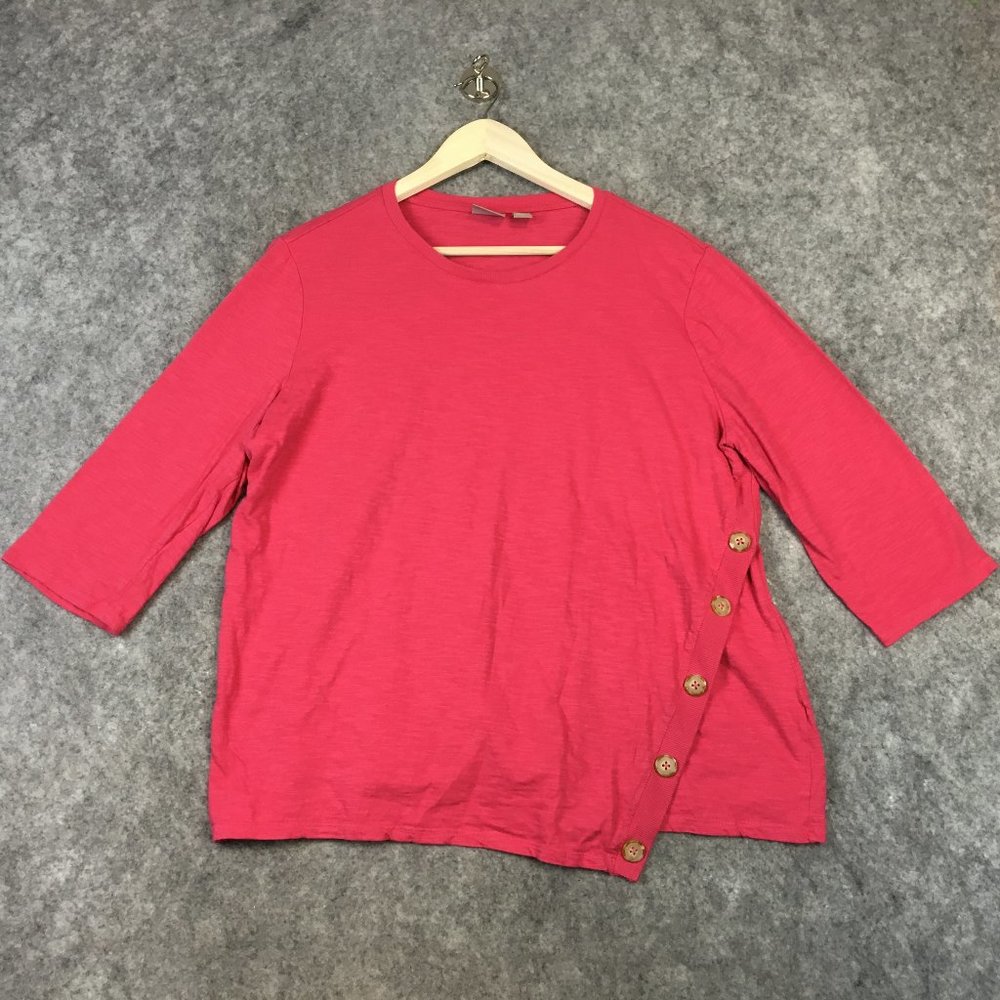 Chicos Top 3 XL 16 Solid Pink Accent Buttons 3/4 Sleeve Asymmetric Layer Career